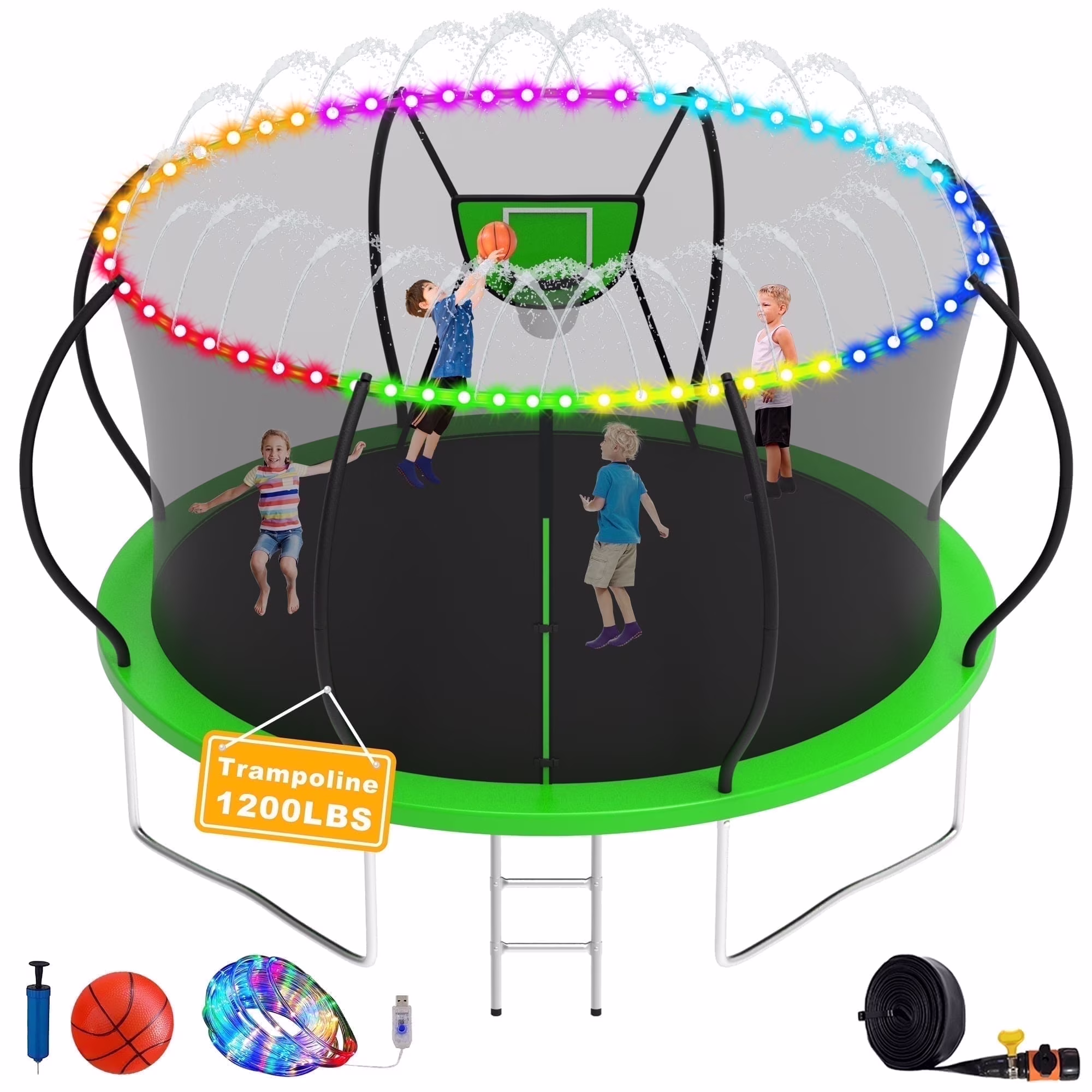 Elitezip Trampoline, 1200LBS 12FT Trampoline for 1-2 Adults/ 4-5 Kids, Trampoline with Enclosure Net, Basketball Hoop, Ladder, Light, Sprinkler, Backyard Outdoor Heavy Duty Trampoline, No Gap Design