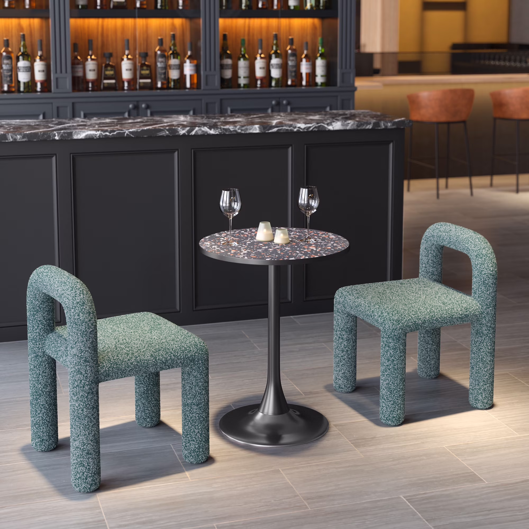 Bite Bistro Table Black Dining Table, Modern Style, Faux Terrazzo MDF round shape tabletop, Steel, Indoor Dining