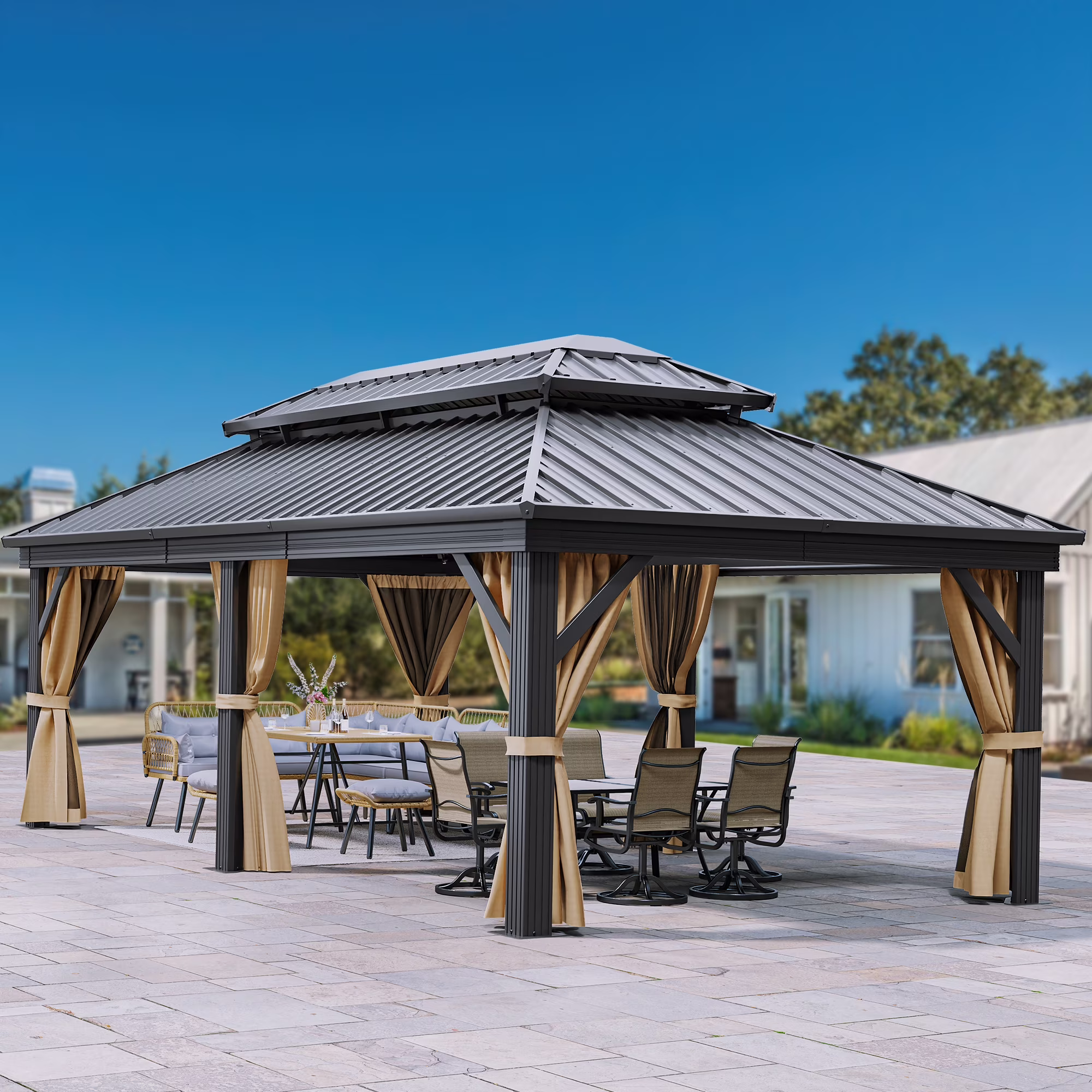 Dextrus Double Roof Gazebo with Hardtop,Outdoor Gazebo with Netting&Curtains, Heavy Duty Upgraded Aluminum Column Galvanized Steel Vertical Stripes Roof, Ideal for Patio, Backyard - 12x18ft, Brown