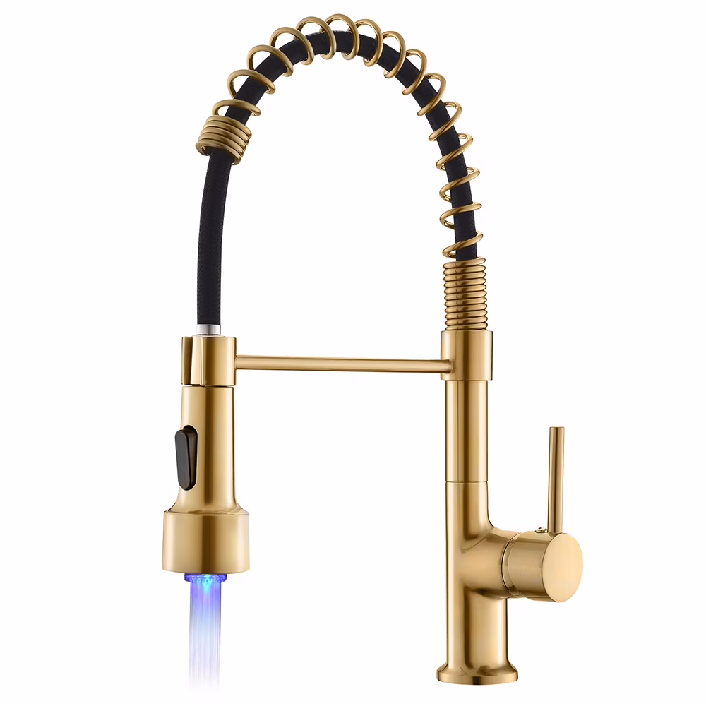 Izzovium Commercial LED Kitchen Faucet with Pull Down Sprayer, Single Handle Single Lever Gold Kitchen Sink Faucet, High Arch Spout Design, 360-Degree Rotation, Brass Material