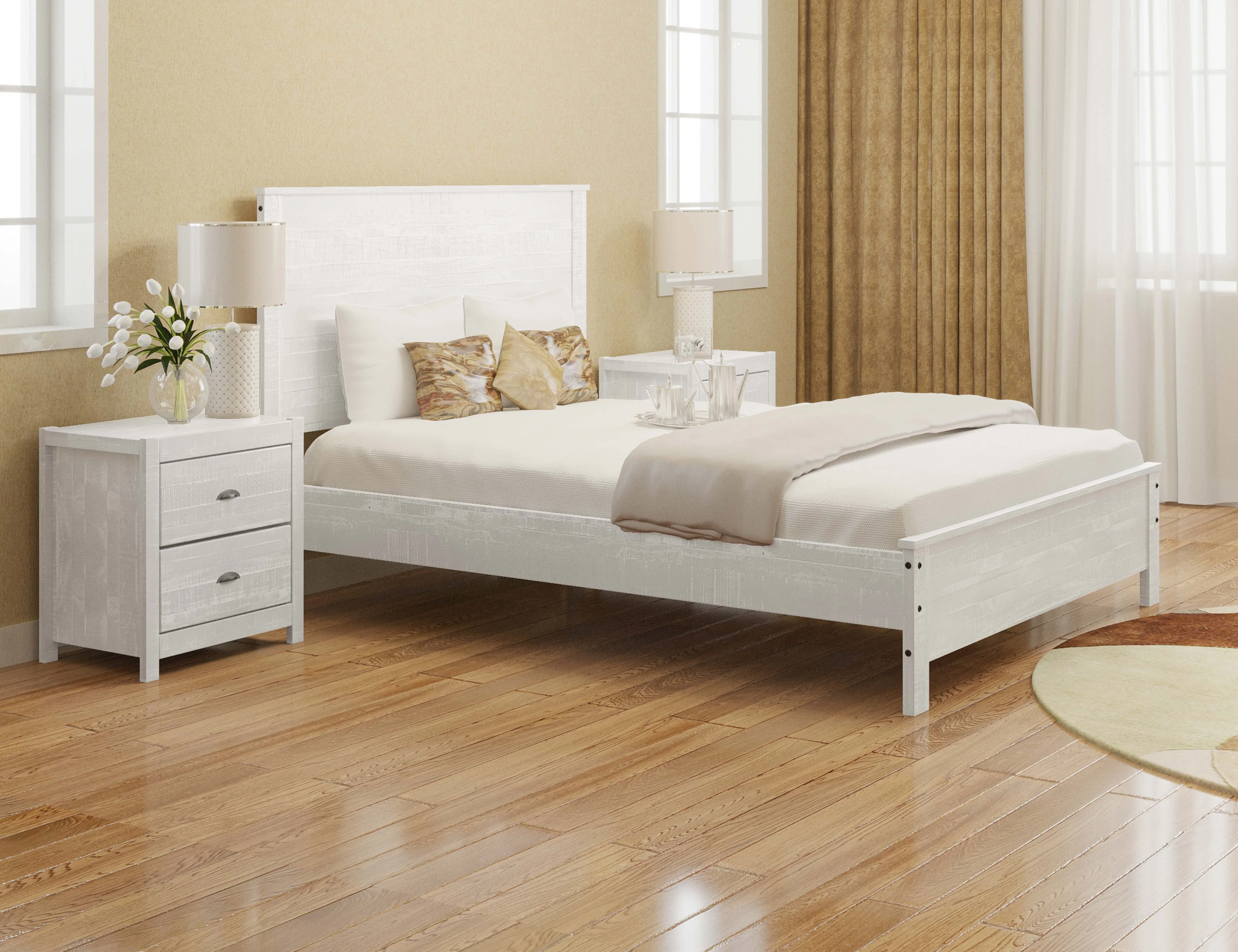 Yes4wood Albany 3 Piece Queen Bed Set, Solid Wood Queen Size Bed Frame with Bedside Table Set of 2