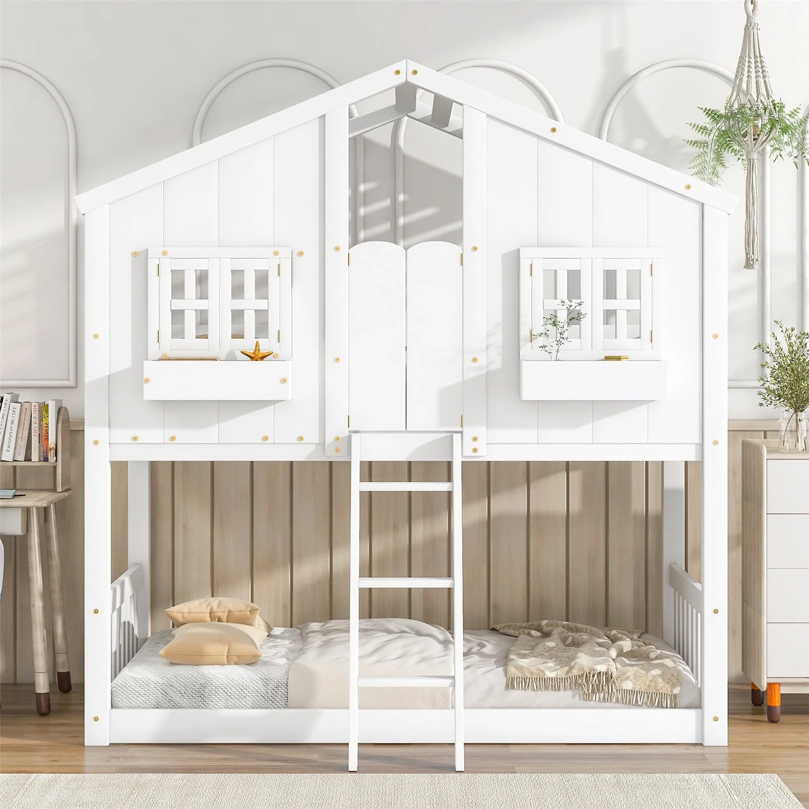 Twin Over Twin House Bunk Bed with Roof/Window/Window Box/Door Designs, Wooden Floor Bunk Bed Frame with Safety Guardrails and Ladder for Kids Boys Girls,White