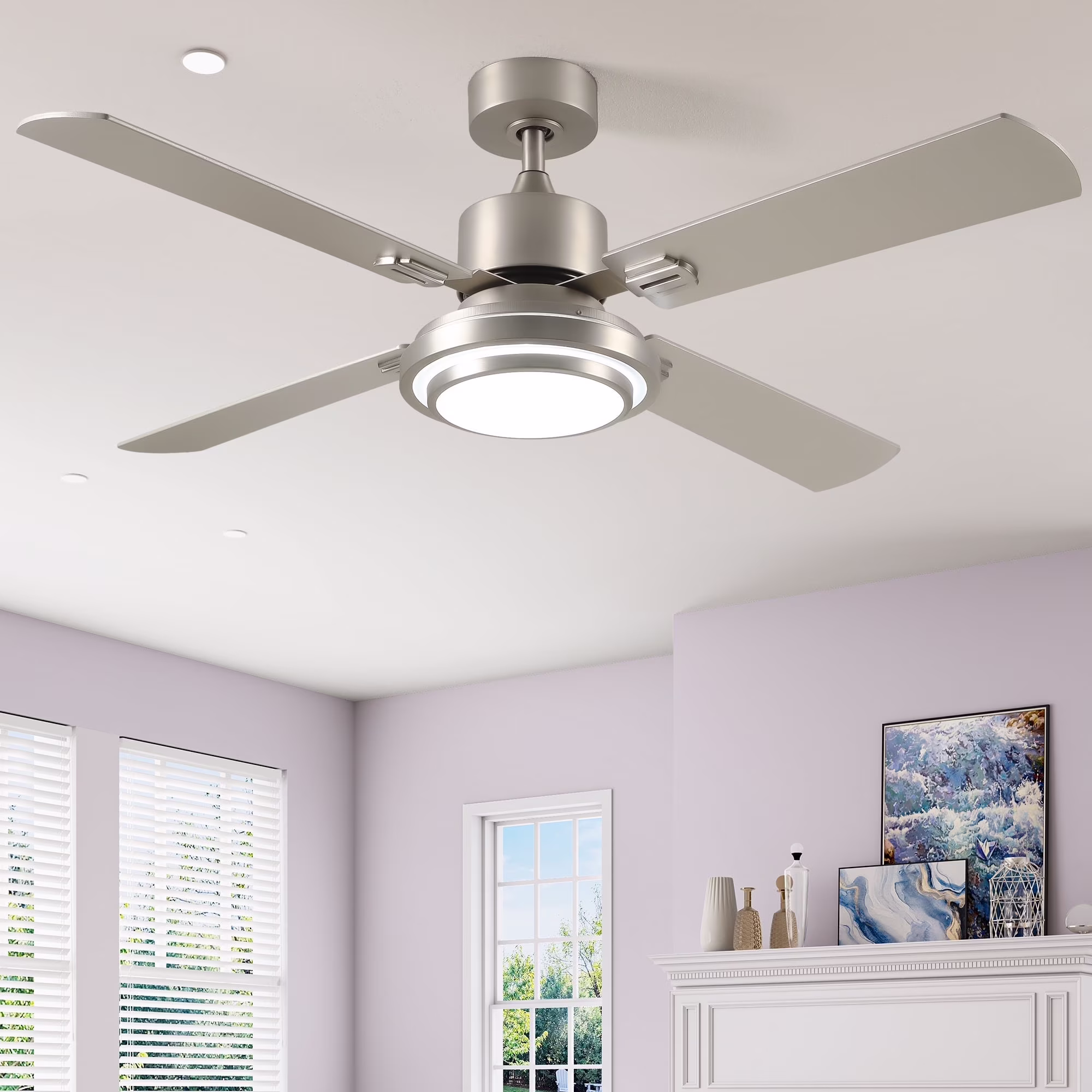 Dextrus 52'' Ceiling Fan with Light and Remote Control, 6 Speeds, 5 Timer Settings, and Dual-Finish Blades (Nickel)