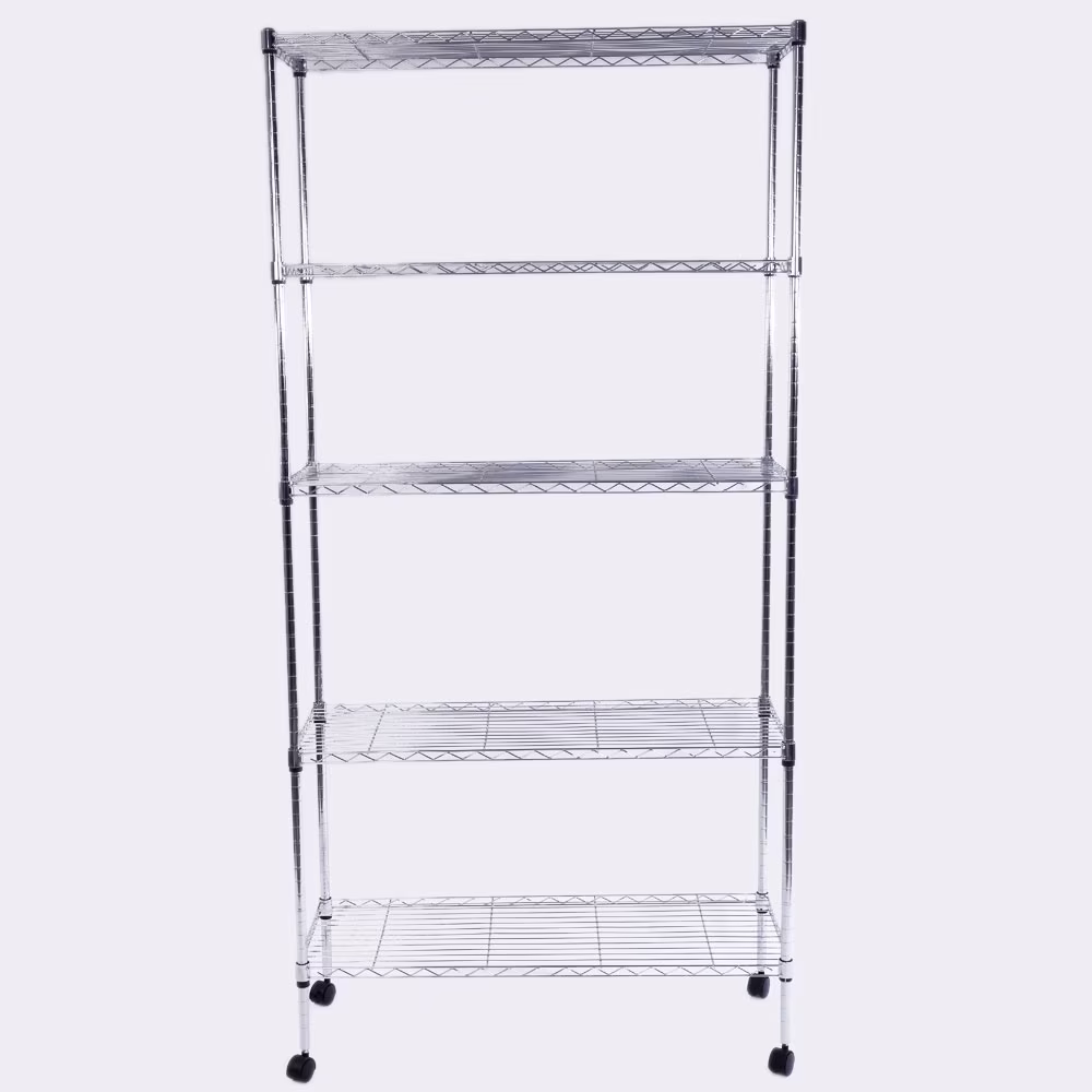 Wire Storage Shelves with Wheels, 5 Tier Chrome Epoxy Steel Wire Shelving Unit and Storage Racks, Plated Iron Shelves for Garage Plated Iron Storage Shelving, 35.43'' x 13.78'' x 65'', Chrome, S7915