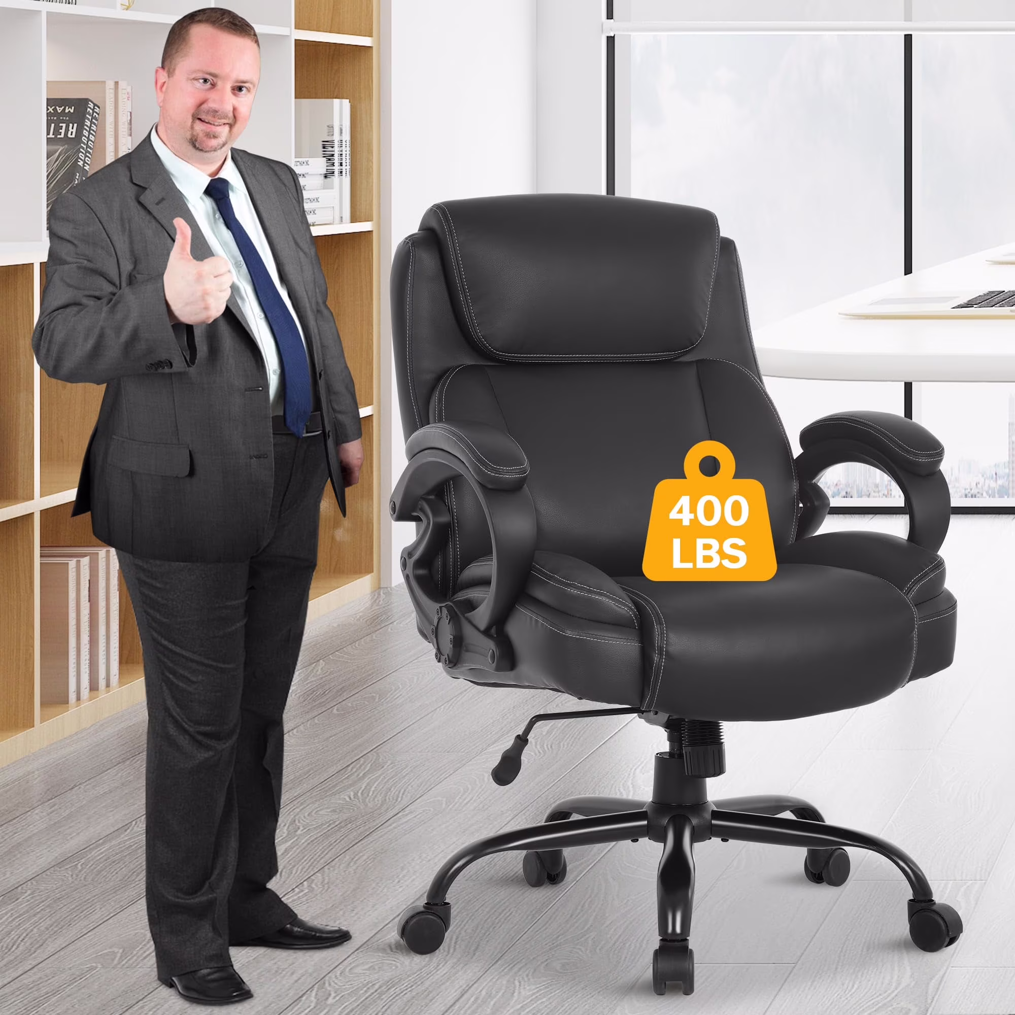 400lb Heavy Duty Office Chair, Ergonomic  43" H High-Back Executive Chair with Adjustable Lumbar Support