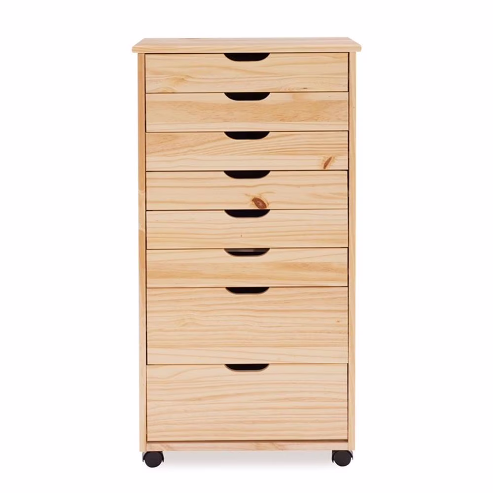 Linon Callie Eight Drawer Rolling Storage Cart in Natural Stained Wood