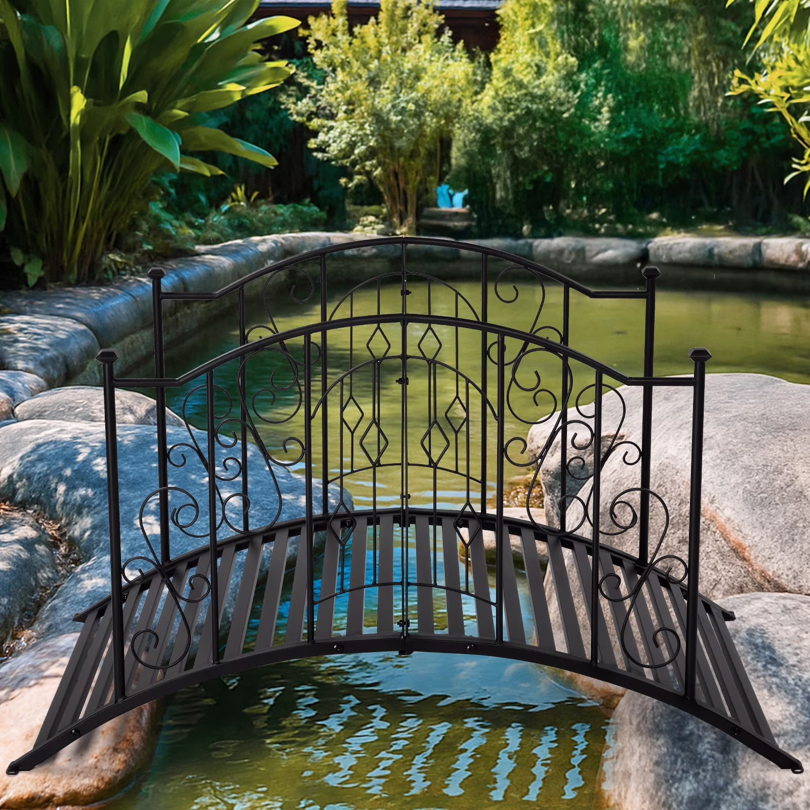 4ft Wrought Iron Arched Bridge Railing with Square Top - Black Matte Finish, Ornate Scrollwork Design, Durable Outdoor Handrail for Garden & Yard Bridges up to 4ft Wide, Easy Installation