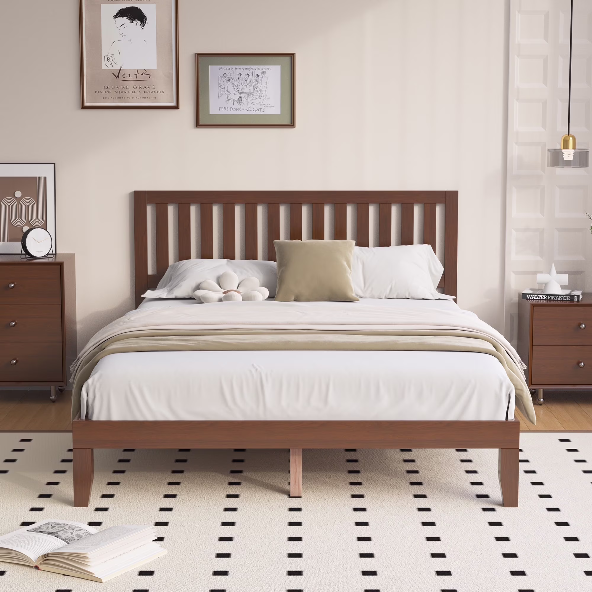 Telino Queen Bed Frame, Queen Wood Platforms Bed Frame with Wooden Slats Support, No Box Spring Needed, Pine