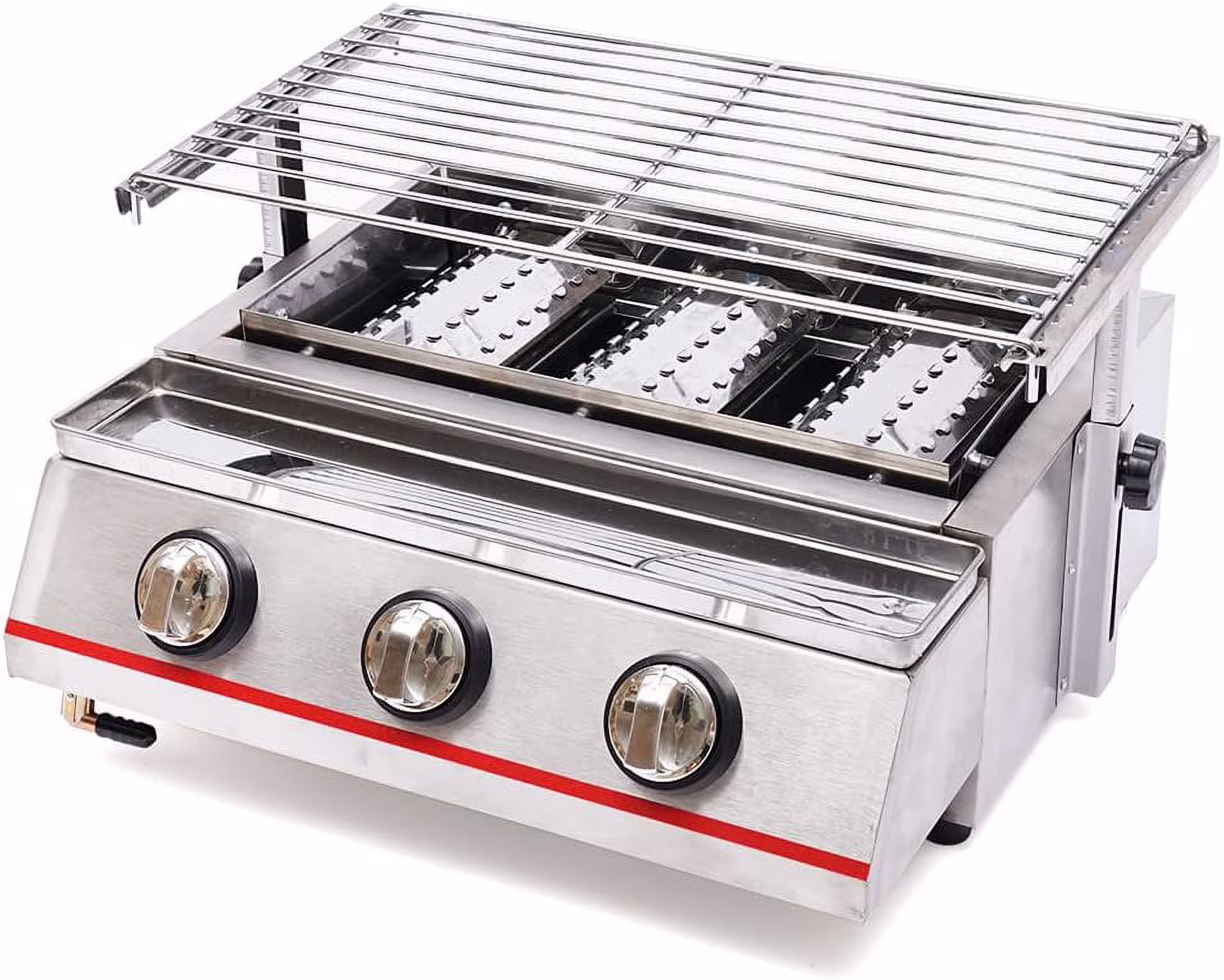Outdoor Portable Gas Grill,3-Burner Outdoor BBQ Tabletop Cooker,Efficient Heating Gas Grill with Vertical Cooking Stainless Steel LPG Barbecue Perfect for Patio Garden Picnic Backyard Barbecue