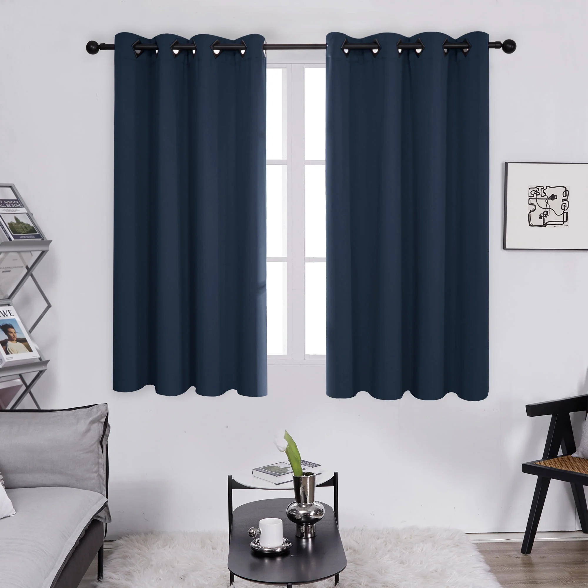Deconovo Solid Grommet Blackout Curtains, Room Darkening for Bedroom, 52" x 63", Navy Blue, 2 Panels