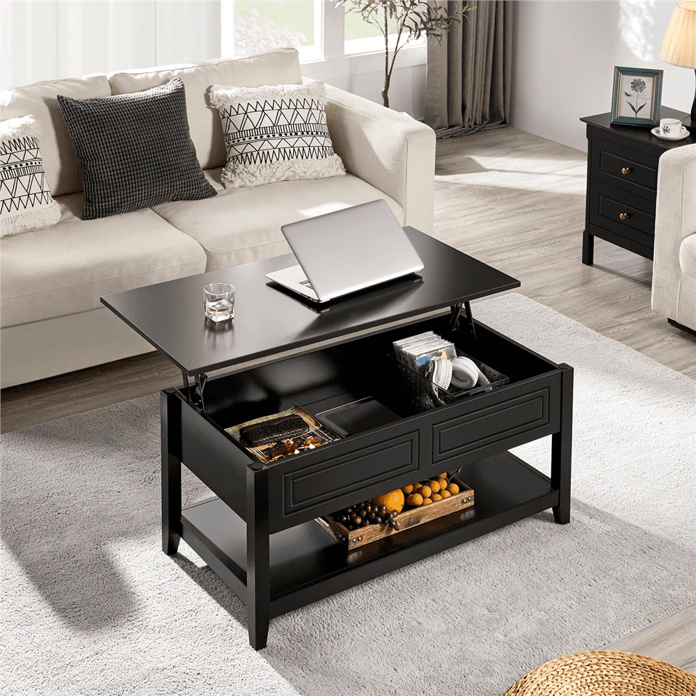 Easyfashion Wooden Lift Top Coffee Table with Hidden Storage and Bottom Shelf, Black